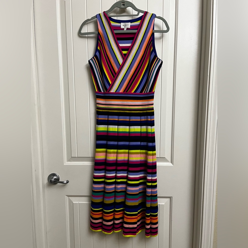 Milly Multicolor Striped Surplice Sleeveless Sweater Dress, size M